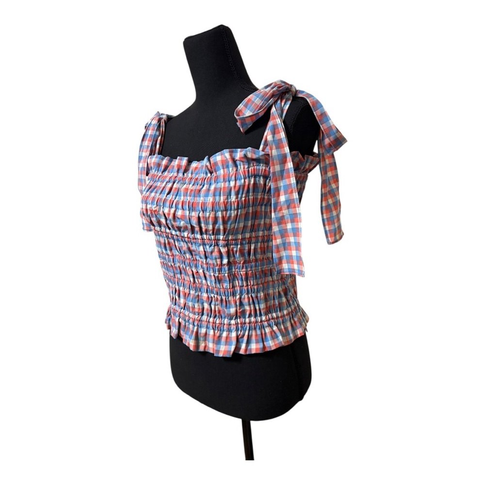 Gianni Bini Megan Top in a poppy blue, red, and white checkered pattern size Lg - Picture 4 of 6